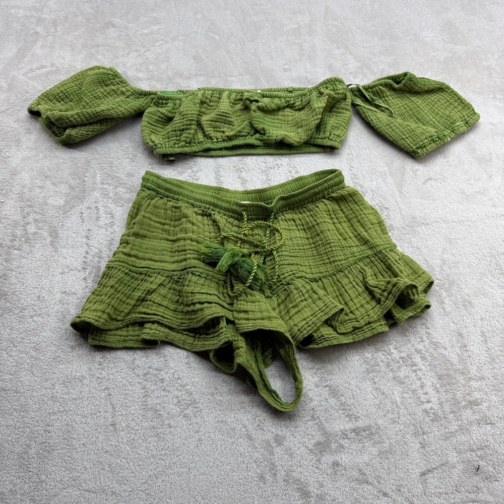 By Anthropologie 2 Piece Set Women S Green Gauze Top Ruffle Shorts Boho Festival